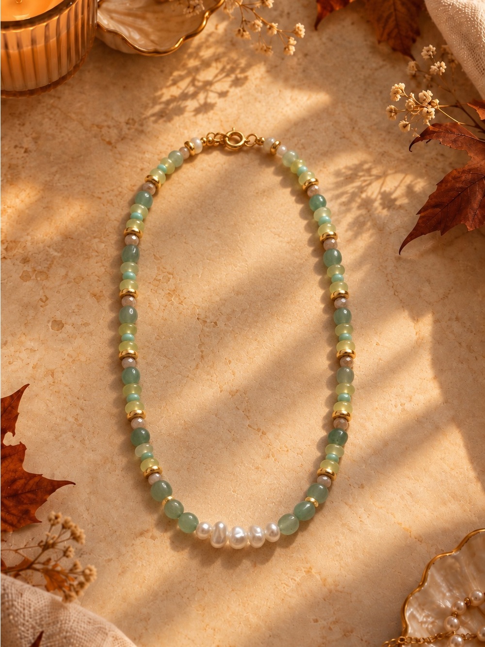 Green Agate Beaded Pearl Accent Necklace